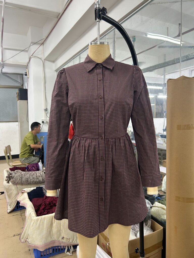 womens brown check shirt dress oem sample