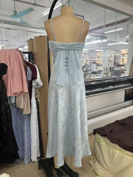 Light blue lace women’s dress sample for OEM production review