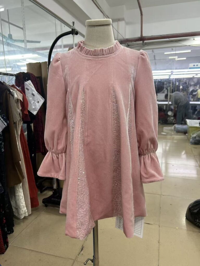 womens pink velvet ruffle dress sample