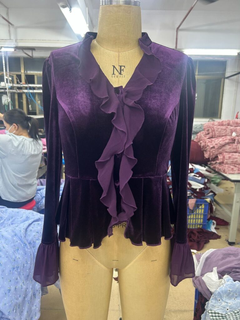 womens purple velvet ruffle top oem sample